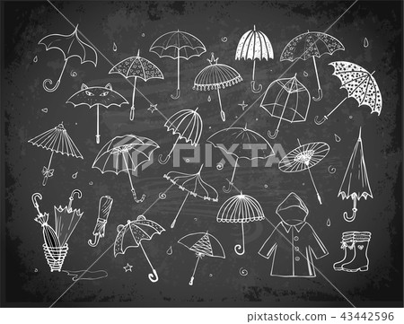 Set of doodle sketch umbrellas on blackboard... - Stock Illustration ...