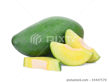 whole and slices green mango isolated on white  43447579