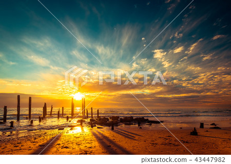 Port Willunga beach with jetty pylons at sunset Port Willunga beach with jetty pylons at sunset 43447982
