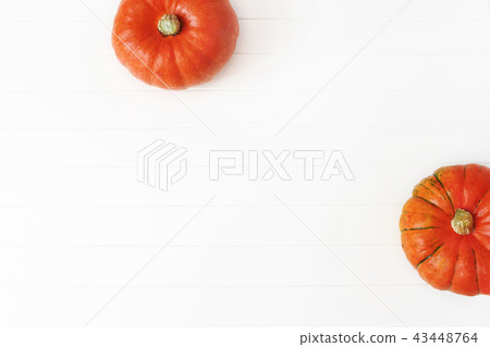 Autumn frame made of orange Hokkaido pumpkins isolated on white wooden table background. Fall 43448764