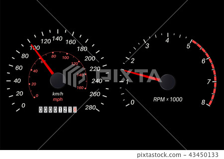 Tachometer and speedometer scale on black background 43450133