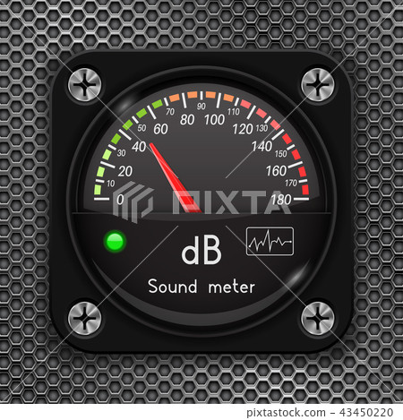 Volume unit meter. Decibel gauge. Sound audio equipment on metal perforated background 43450220