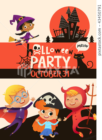 Halloween party invitation template with adorable joyful kids dressed in festive costumes of witch Halloween party invitation template with adorable joyful kids dressed in festive costumes of witch 43450791