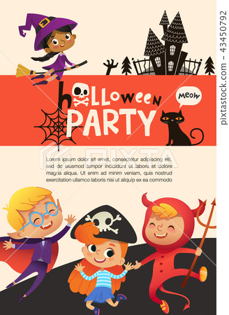 Flyer or poster template with cute happy little boys and girls dressed in halloween costumes and 43450792