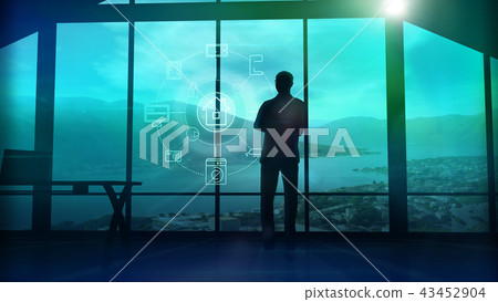 A man is standing by the window viewing IOT infographics elements. 3D illustration 43452904