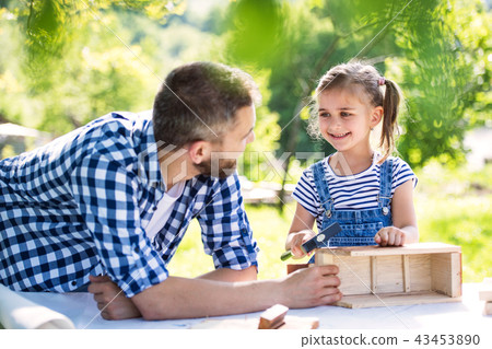 Father with a small daughter outside, making wooden birdhouse. Father with a small daughter outside, making wooden birdhouse. 43453890