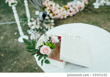 Beautiful setting for outdoors wedding ceremony on grass Beautiful setting for outdoors wedding ceremony on grass 43455242