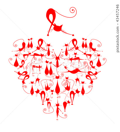 I love cats! Cats silhouette in heart shape for your design I love cats! Cats silhouette in heart shape for your design 43457246