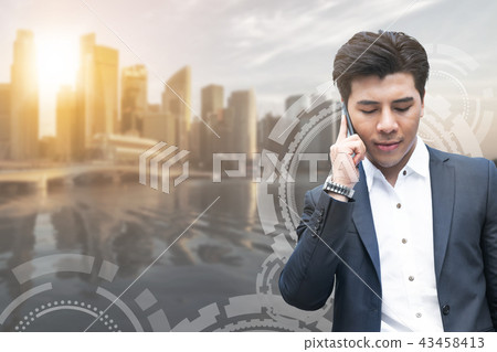 Double exposure businessman using mobile phone. 43458413