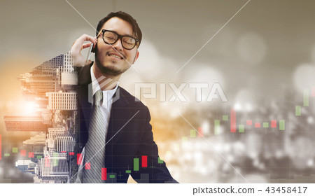 Double exposure businessman using mobile phone. 43458417