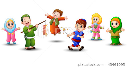 Happy kid celebrate Eid Mubarak with play firework Happy kid celebrate Eid Mubarak with play firework 43461095