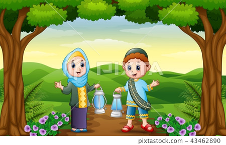 Muslim boy and girl cartoon holding lantern Muslim boy and girl cartoon holding lantern 43462890