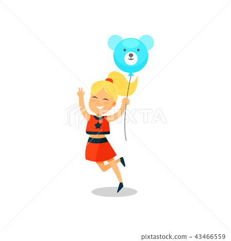 Sweet little girl with balloon in the shape of teddy bear vector Illustration on a white background 43466559