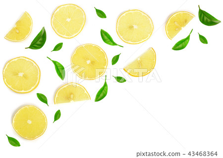 Slices lemon decorated with green leaves isolated on white background with copy space for your text Slices lemon decorated with green leaves isolated on white background with copy space for your text 43468364