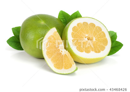 Citrus Sweetie or Pomelit, oroblanco with slices and leaf isolated on white background close-up Citrus Sweetie or Pomelit, oroblanco with slices and leaf isolated on white background close-up 43468426
