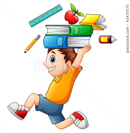 Cartoon boy running and carrying a school supplies 43470575