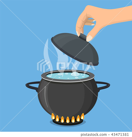Cooking pot on stove with water and steam. Cooking pot on stove with water and steam. 43471381