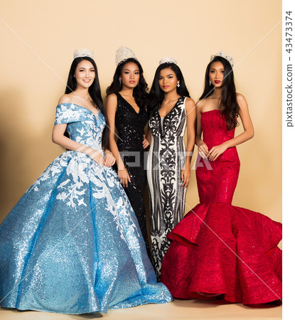 Group of Four Miss Beauty Pageant Queen Contest in Asian Evening Ball Gown sequin dress with Diamond Crown Sash, multi national race world beauty contest, chit chat talk smile laugh for winner 43473374