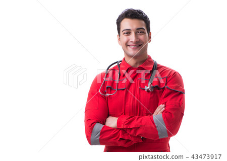Young handsome man with stethoscope in red uniform isolated on w 43473917