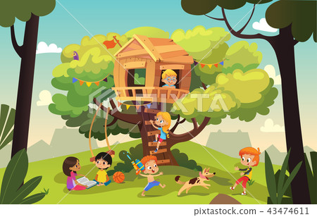 Happy multiracial boys and girls playing and having fun in the treehouse, kids playing with dog, and 43474611