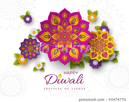 Diwali festival holiday design with paper cut style of Indian Rangoli and flowers. Purple, violet Diwali festival holiday design with paper cut style of Indian Rangoli and flowers. Purple, violet 43474770