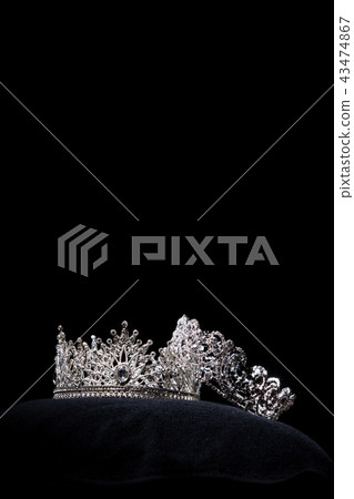 Diamond Silver Crown for Miss Pageant Beauty queen Contest, Crystal Tiara jewelry decorated gems stone and black velvet fabric cloth, photography copy space for text logo 43474867