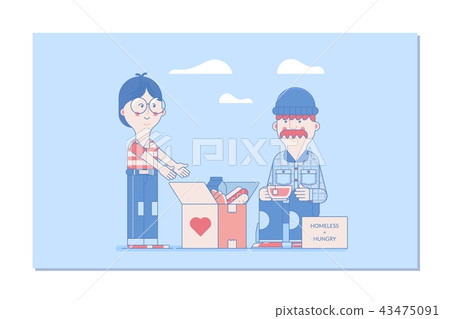 Volunteers design concept.Boy Giving Donation to a Poor Homeless Man Volunteers design concept.Boy Giving Donation to a Poor Homeless Man 43475091