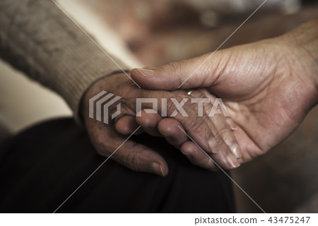 young man holding the hand of an old woman 43475247