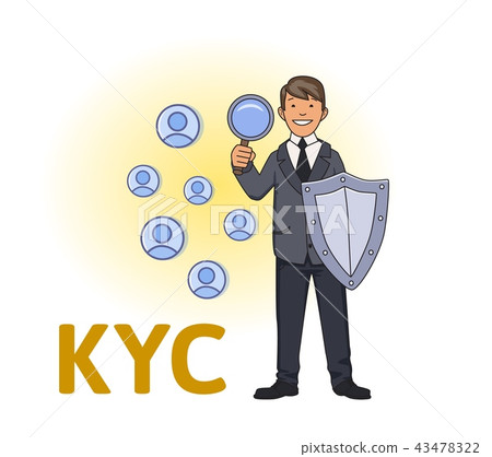 KYC, Know Your Customer. Businessman with a shield looking at the partners-to-be through a 43478322