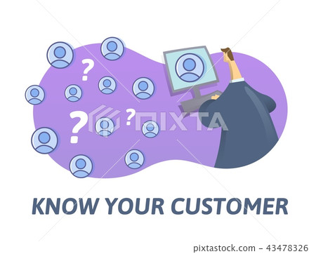 KYC, Know Your Customer concept. Businessman looking at the partners-to-be internet. Colored flat 43478326