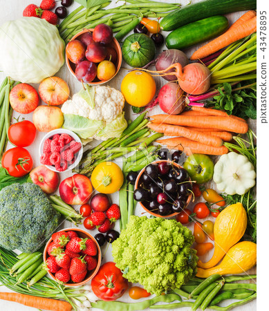 Summer fruits vegetables on table Summer fruits vegetables on table 43478895