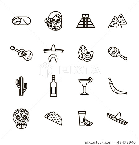 Mexican Travel and Tourism Signs Black Thin Line Icon Set. Vector 43478946
