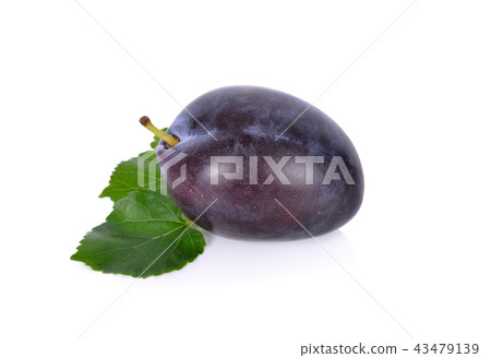 whole fresh prunes with leaf on white background 43479139
