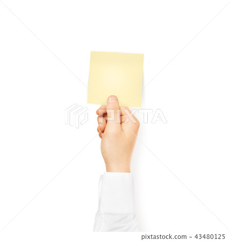 Hand holding square blank yellow sticker mock up isolated. Stick Hand holding square blank yellow sticker mock up isolated. Stick 43480125