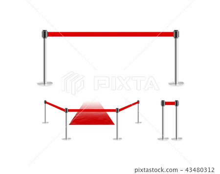 Mobile fence barrier with red belt and velvet carpet stand isolated on white. Mobile fence barrier with red belt and velvet carpet stand isolated on white. 43480312