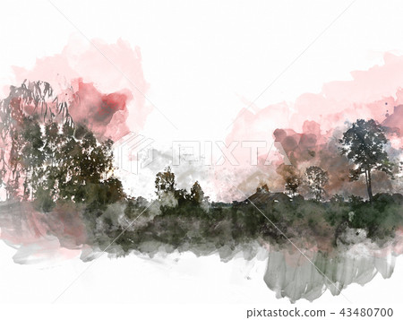 Abstract tree and field landscape on watercolor Abstract tree and field landscape on watercolor 43480700