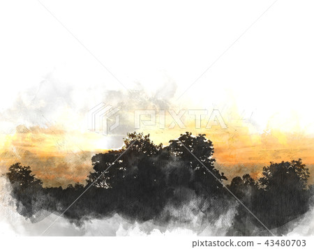 Abstract tree and field landscape on watercolor 43480703