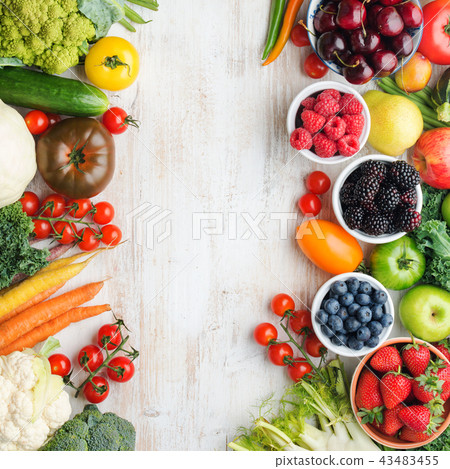 Summer fruits vegetables on table Summer fruits vegetables on table 43483455