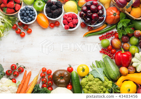 Summer fruits vegetables on table Summer fruits vegetables on table 43483456