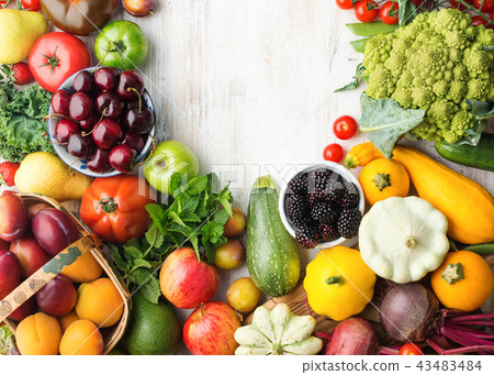 Summer fruits vegetables on table Summer fruits vegetables on table 43483484