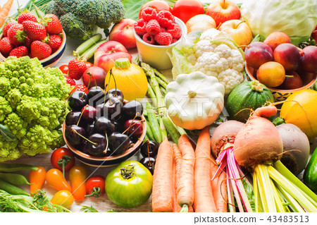 Summer fruits vegetables on table Summer fruits vegetables on table 43483513