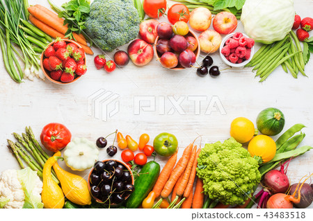 Summer fruits vegetables on table Summer fruits vegetables on table 43483518