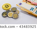 Golden Bitcoin cryptocurrency on Euro banknotes. N 43483925
