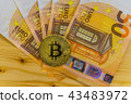 Golden Bitcoin cryptocurrency on Euro banknotes. N 43483972