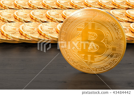 Bitcoins on the wooden table. 3D rendering Bitcoins on the wooden table. 3D rendering 43484442