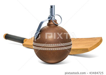 Cricket ball hand grenade and bat. 3D rendering Cricket ball hand grenade and bat. 3D rendering 43484725