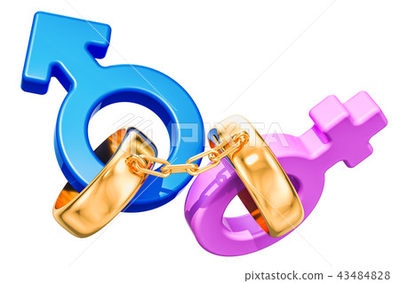 Female and male gender symbols with wedding gold Female and male gender symbols with wedding gold 43484828