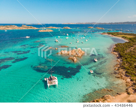 Drone aerial view of Razzoli, Santa Maria and Budelli islands in Maddalena Archipelago, Sardinia 43486446