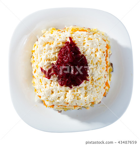 Top view of Dressed herring salad 43487659