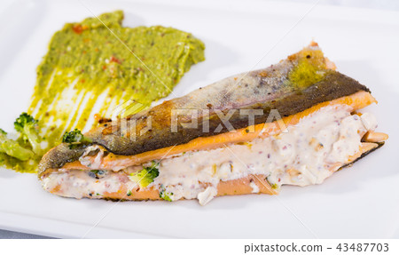Grilled fillets of trout with tartar sauce Grilled fillets of trout with tartar sauce 43487703